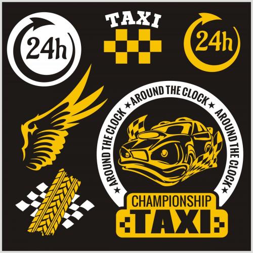 Símbolos de taxi y elementos para el emblema de taxi - conjunto de vectores.