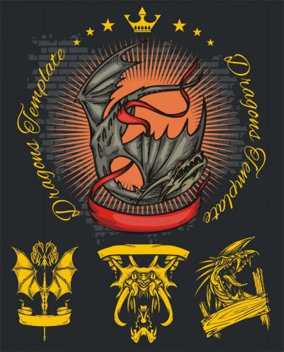 Dragón y cinta - conjunto de vectores.  Ilustración común.